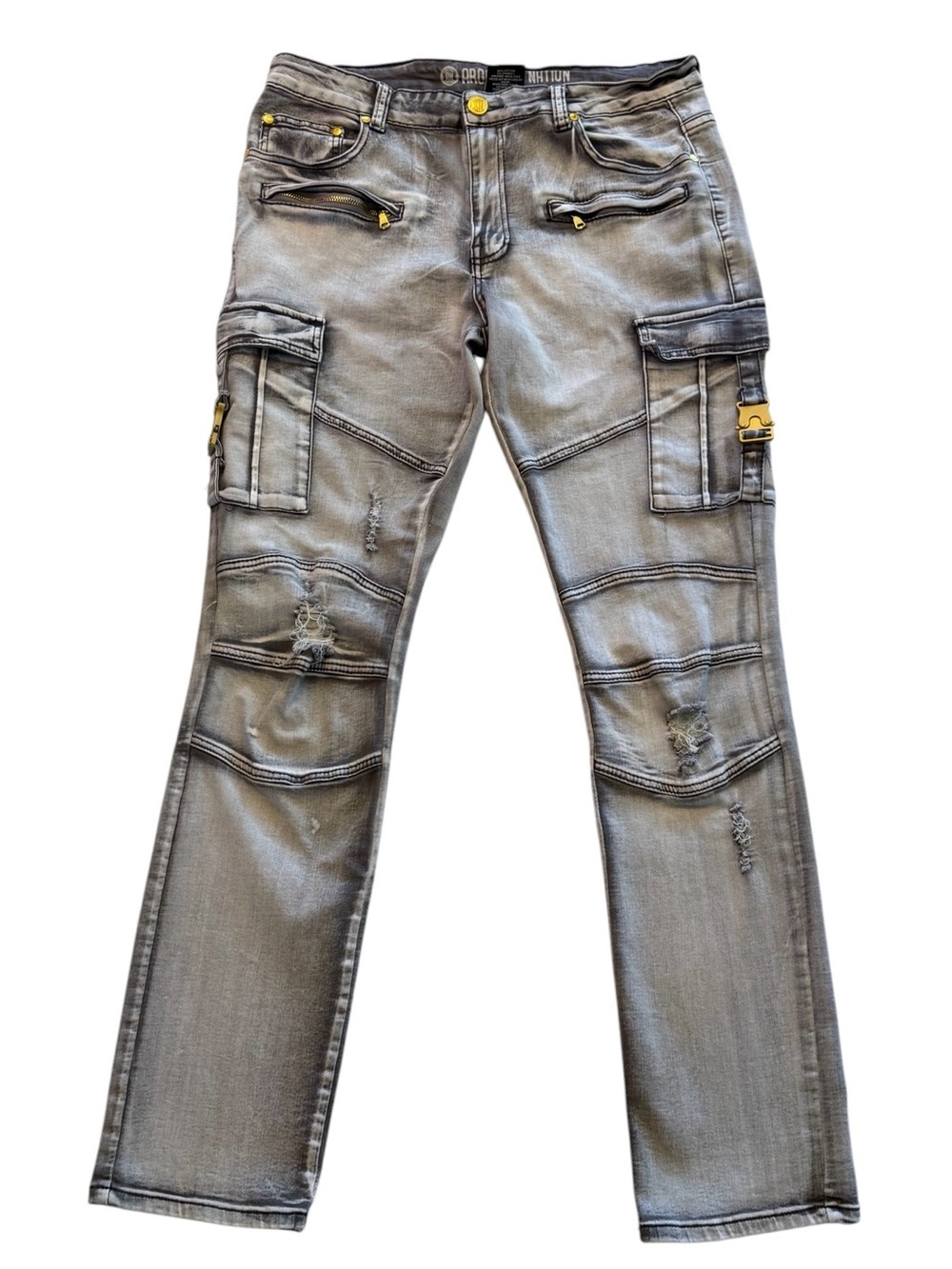 Argonaut Nation Gray Moto Cargo Jeans Men’s Distressed Biker Denim Tag 36x34